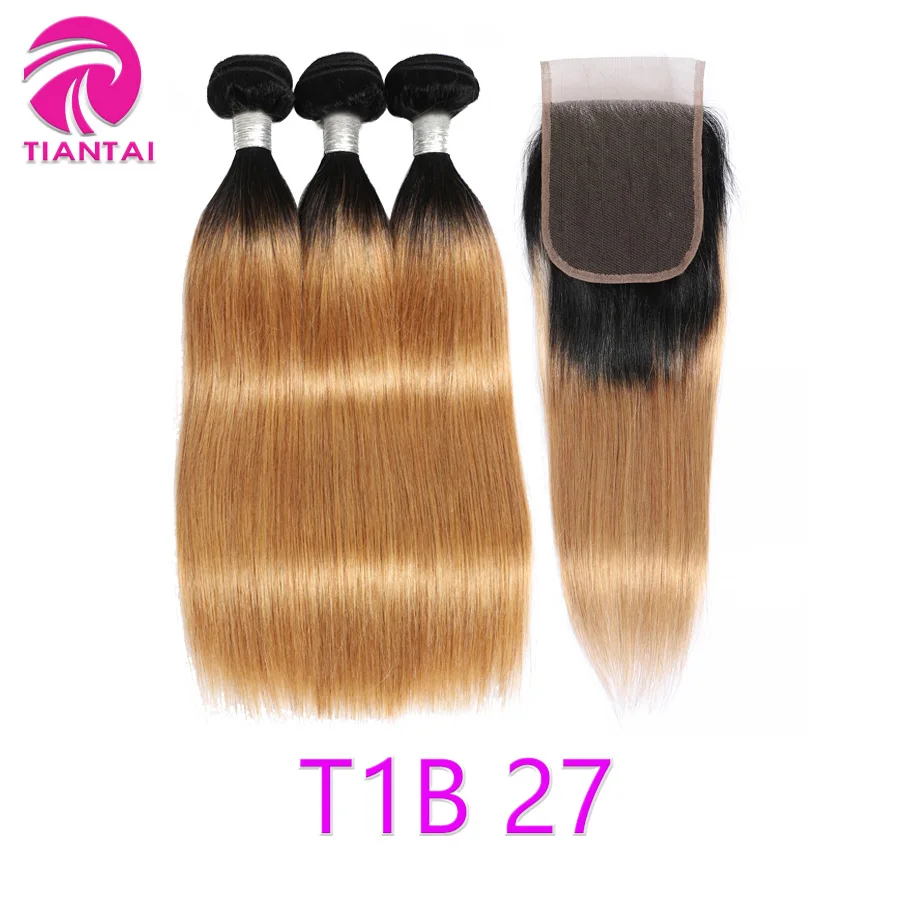 Malaysian Straight Human Hair Bundles with Closure Ombre Bundle with Closures Honey Blonde Colored Burgundy Brown 27 30 99J Remy - Цвет: T1B/27