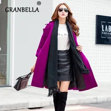 Корейское профессиональное женское фиолетовое шерстяное пальто, однотонное приталенное пальто с поясом и отложным воротником, модная популярная женская верхняя одежда