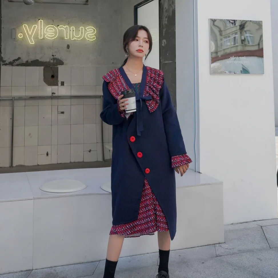 

Photo Shoot INS Sense of Design Dark Blue Irregular Mid-length V-neck Side Edge Contrast Color Single Breasted Woolen Coat Women