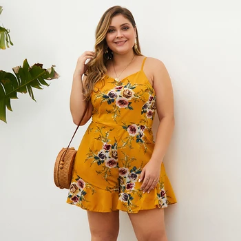 

Women Plus Size Slip Romper Sexy Backless Sleeveless Slim Summer Clothes Floral Print Ruffles Yellow Beach Wide Leg Rompers