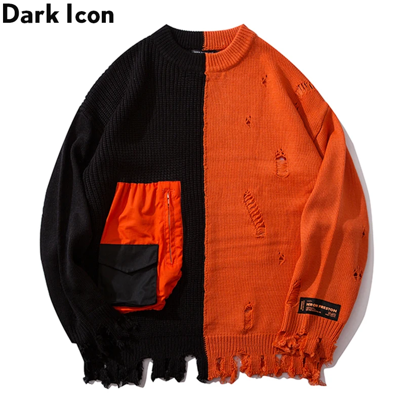 Темно-икона карман на молнии рваные мужские свитера Лоскутные разрушенные