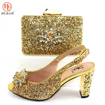 

Luxury Golden Italian New Designs Ladies Party Shoes And Bag Set decorated with Rhinestones African Women High Heels Sandals