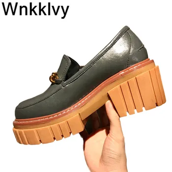 

Spring autumn thick bottom casual shoes round toe metal chain decor loafers British style slip on platform real leather shoes