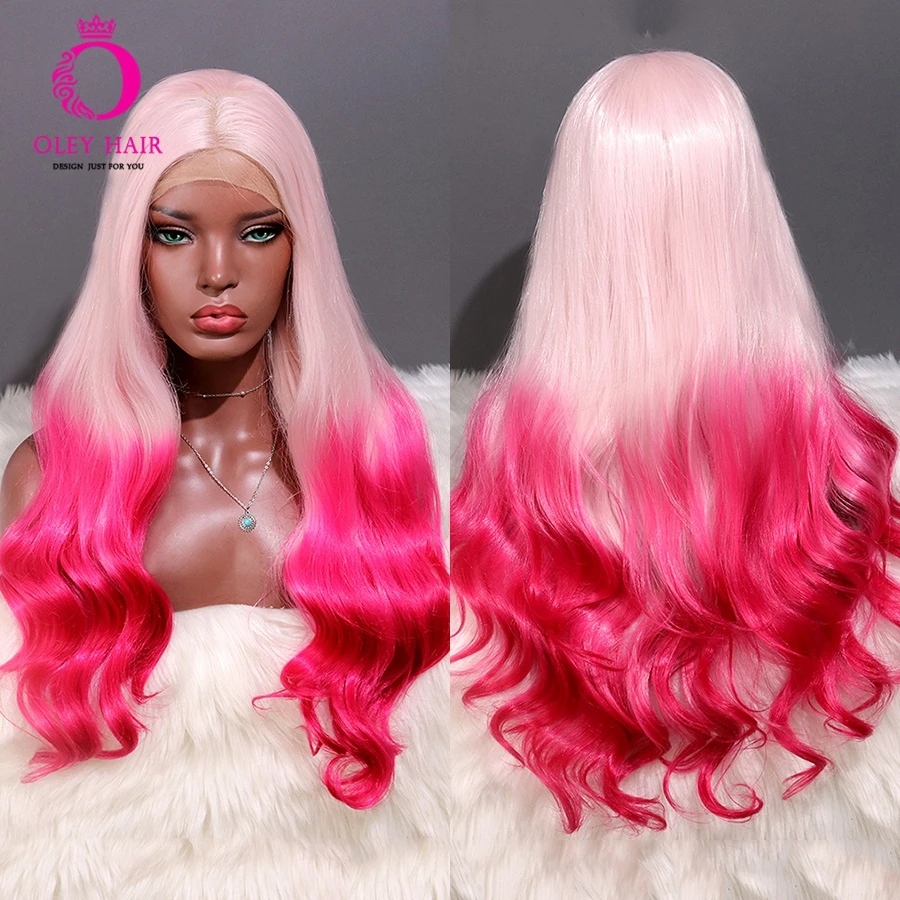 Ombre Pink Color OLEY, высокая температура, синтетический парик на кружеве, длинные волнистые дешевые парики для женщин, бесклеевой, 2 тона, на каждый день/косплей, Ombre розовый парик - Цвет: Ombre Pink Color