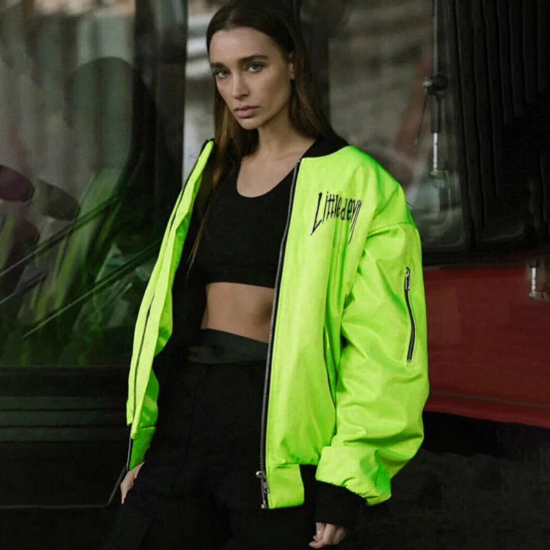 

OSLLENLLA Fashion Neon Green Bomber Jackets Women Winter Thick Outwear Jackets and Coat Female Oversized Bomber Jackets Black