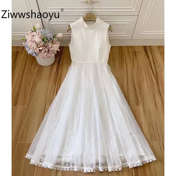 

Ziwwshaoyu Designer Brand Summer Beach Style Butterfly Embroidery Cotton Linen White Tank Long Dresses Women's Clothing