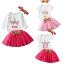 Комплект одежды из 3 предметов для новорожденных девочек на день рождения; комбинезон с надписью на день рождения+ юбка-пачка+ повязка на голову