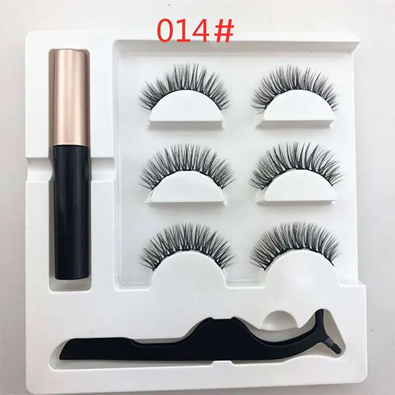 professional 3 Pairs False Eyelashes Set With Tweezer Makeup Kits Magnetic Eyeliner Liquid Thick And Curled Eyeashes - Color: A4