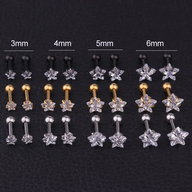 316 Stainless Steel Screw-back Star Zircons Stud Earrings 3mm to 8mm Classical Style Golden IP Plating No Easy Fade Allergy Free 3