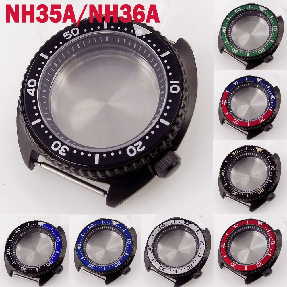 

Black PVD 45mm Mineral Watch Case for NH35/NH36 Movement Black Chapter Ring Rotating Bezel Aluminum Insert Brushed Screw Crown