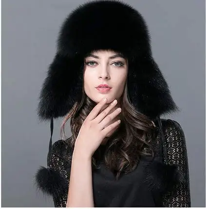 black Меховая шапка для женщин из енота, лисы мех русская ушанка шапки зимние толстые теплые уши модная шапка-ушанка - Цвет: black