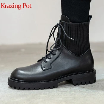 

Krazing Pot cow leather cross-tied keep warm winter med heel fashion vintage design stretch knitting black color ankle boots L38