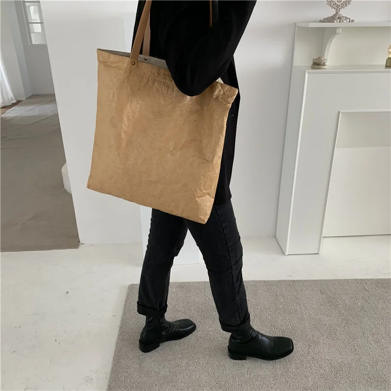 Fashion Korean Version Simple DuPont Hand-held Vintage Washed Kraft Paper Tote Bag Tyvek One Shoulder Straddle Women's