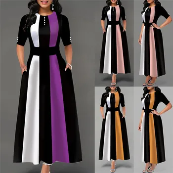 

Plus Size Elegant Women Vintage Swing Dress Lady Half Sleeve Party Skater Dress Pearl Striped High Waist Pleated Long Maxi Dress