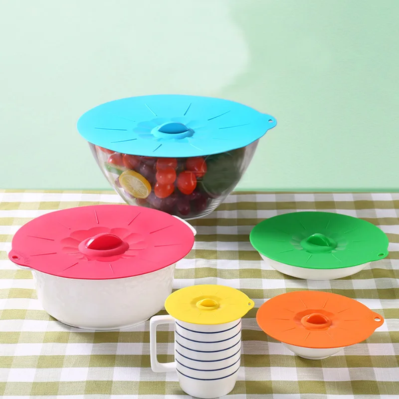 

ERMAKOVA 5 Pcs Silicone Suction Lid Reusable Suction Seal Food Cover Container Bowl Pot Cup Keep Kitchen Neat Food Fresh