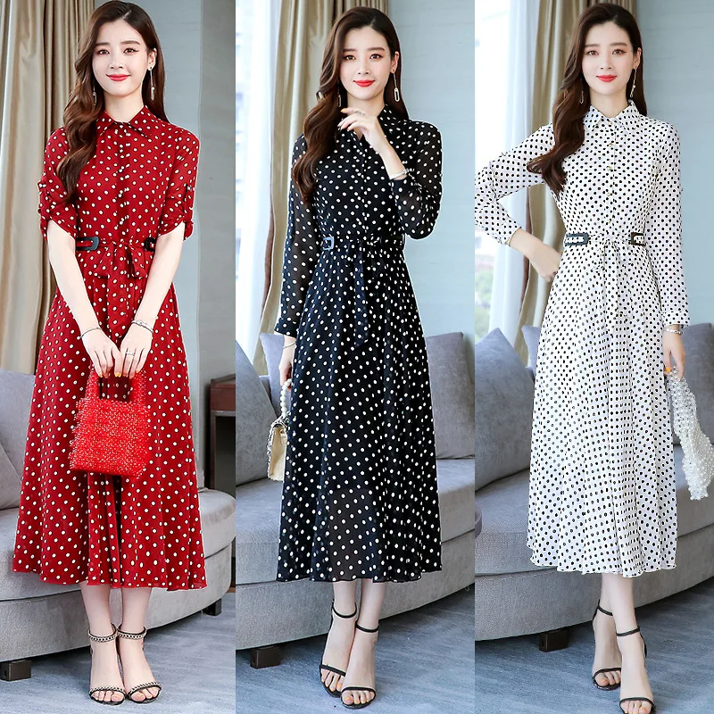 

2019 Early Autumn New Style Fashion Popular WOMEN'S Dress Polka Dot Mid-length Retro Chiffon Dress Elegant Long Skirts