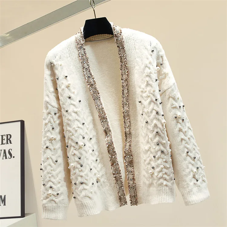 off white Cakucool, шикарный свитер с жемчугом и бисером, Женский блестящий тонкий джемпер с v-образным вырезом, блестящий люрекс, открытая стежка, корейский толстый свитер, женский кардиган - Цвет: off white