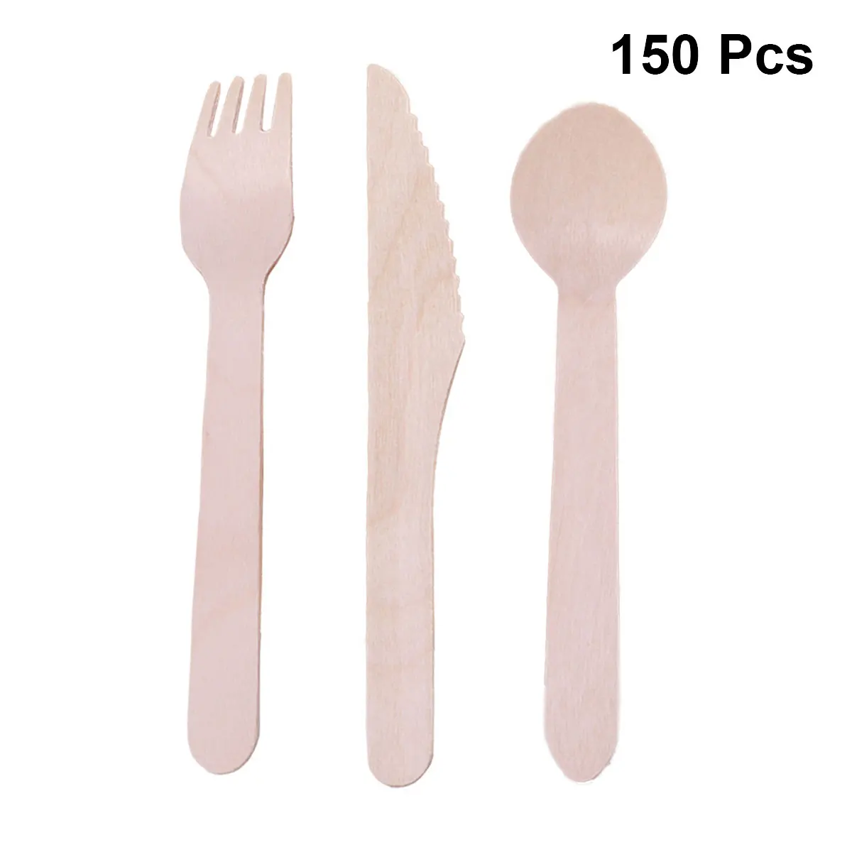 

150pcs Wooden Forks Spoons Cutters Set Disposable Utensils Tableware for Barbecue (50pcs Spoons 50pcs Forks 50pcs Cutters)