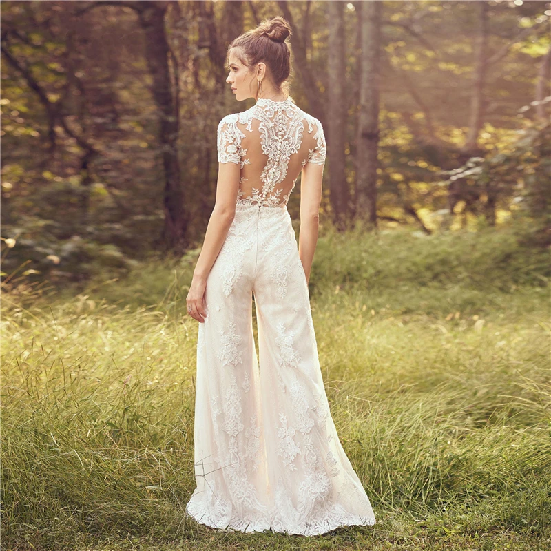 New Country Jumpsuits 2021 Wedding Dresses Custom Made Elegnat  High Neck Short Sleeve Lace Appliqued Beach Boho Bridal Gowns 3