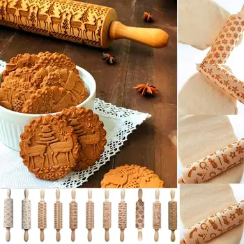 

Christmas Embossing Rolling Pin DIY Manual Designe Patterns Wooden Roller Baking Embossed Cookies kitchen tools elk Snowflak