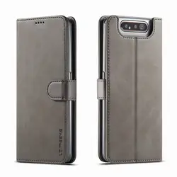 Luxury Flip Wallet Case - Premium Vintage Leather Magnetic Cover for Samsung A80 (Gray)