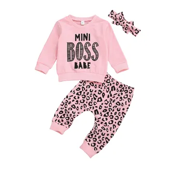 

Newborn Baby Girls Clothes Set Long Sleeve Letter Tops T Shirt Leopard Print Pants Headband 3pcs Outfits
