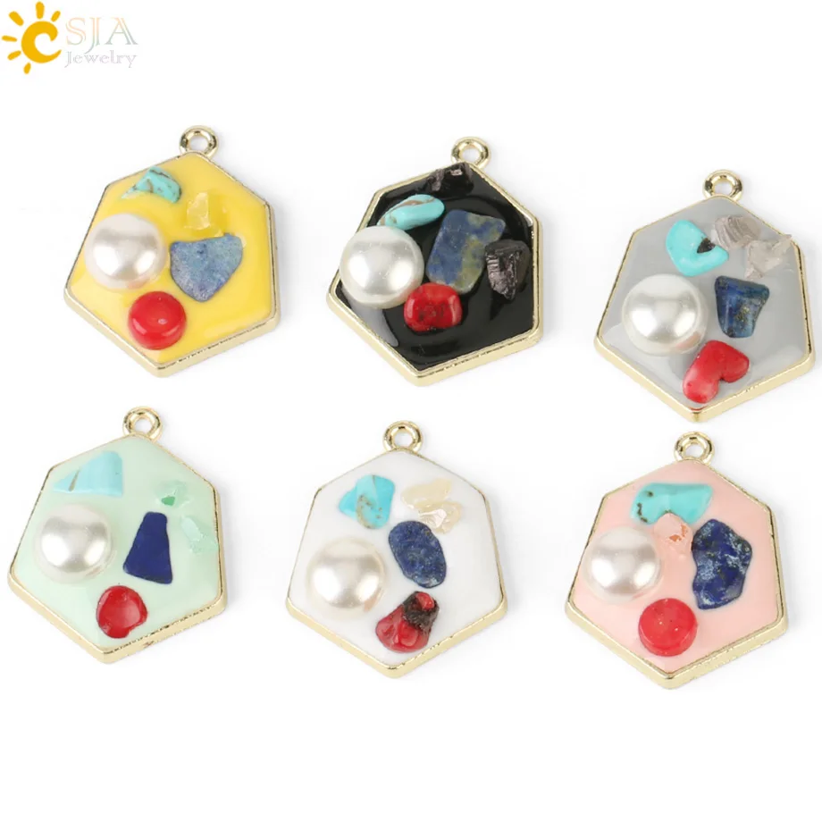 

CSJA Hexagon Metal Accessories Pearl Gravel Gold Color Single Hole Jewelry Findings for DIY Making Earrings Bracelet Charms G231