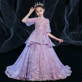 

2020Luxury New High-Grade Children Girls Embroidery Lace Flowers Model Show Catwalk Host Piano Costumes Princess Long Tail Dress