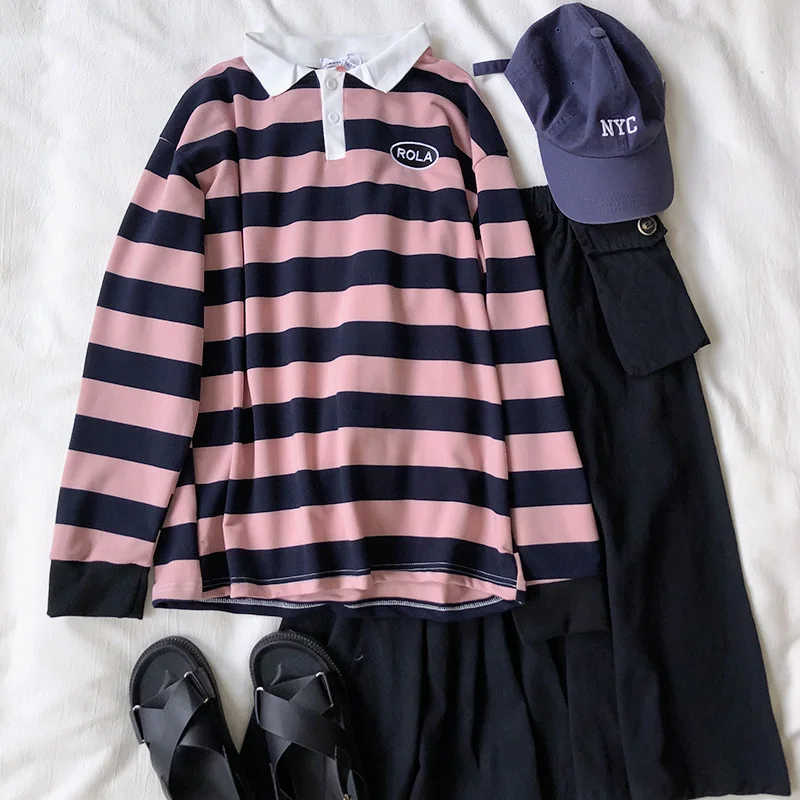 

Pink Black Stripes Women Polos Shirts Long Sleeve Loose T Shirt Femme Tops