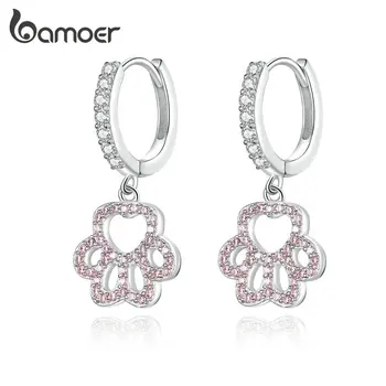

bamoer 925 Sterling Silver Hoop Earrings Pink Puppy Dog Paw Earring Women Footprint Anti-allergy Anniversary Gift Jewelry GXE771