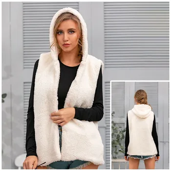 

Fashion Solid Plush Hooded Jacket Vest Cardigan Waistcoat Casual Ladies Faux Coat Winter Sleeveless Streetwear Womens Outerwear