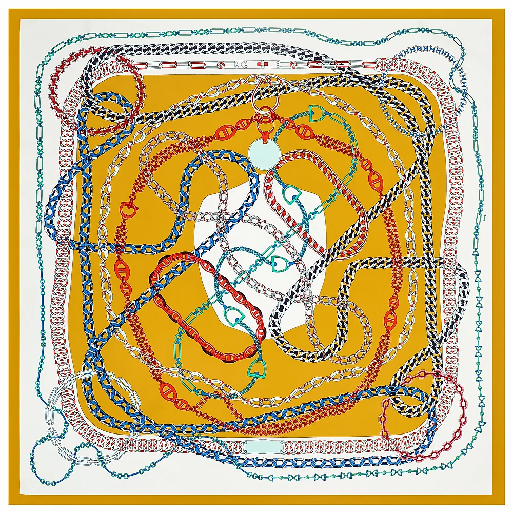 POBING Silk Scarf Women Large Shawls Chain Print Square Bandana Luxury NecKerchief Muslim Hijab Scarf Female Foulards 130CM