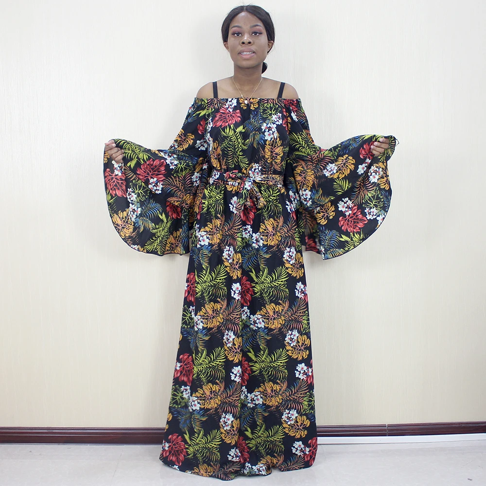 Dashikiage Африканское черное длинное платье пальмовый лист и цветочный узор Печатный отдых стиль леди платье