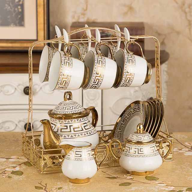 16Db Luxus Európai Teáskanna Kerámia Aranymintás Tea Edény És Csésze Tálca Kanál Porcelán Kávé Bögrék Tetera Otthoni Dekoráció - Image 4