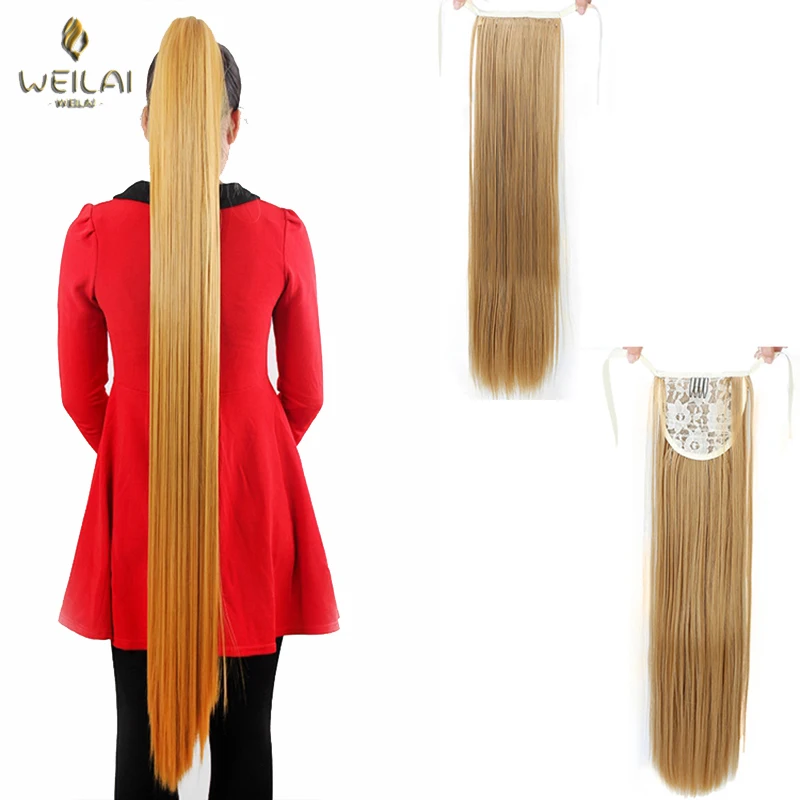 Супер длинные прямые накладные волосы WEILAI на клипсе 22 32 дюйма хвостик с шпильками