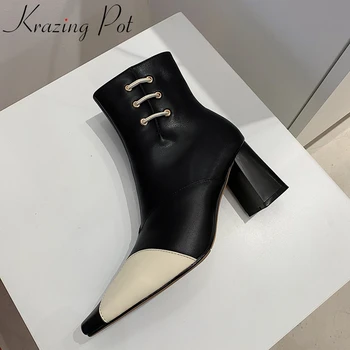 

krazing pot superstar cow leather square toe high heel mixed color Chelsea boots comfortable winter shoes dating ankle boots L29