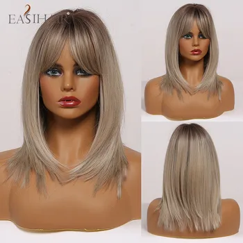 

EASIHAIR Medium Length Ombre Brown Ash Blonde Women Wigs with Bangs Middle Part BoBo Wigs Synthetic Wigs Heat Resistant Cosplay