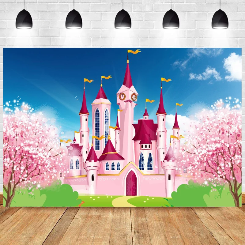 

Pink Castle Princess Photography Backdrop Girls White Cloud Happy Birthday Party Kids Fantasy Photo Background Banner Decoration