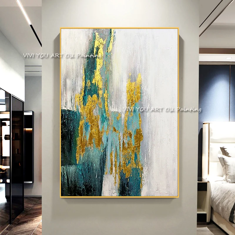

Modern 100% handmade abstract color green decorative painting vertical grey of the living room floor painting study room decor