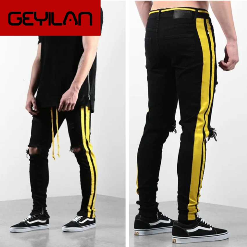 

Fashion Side Yellow Stripe Mens Skinny Jeans Brand Ripped Holes Slim Fit Little Feet Denim Pencil Pants Black Man Clothing 2019