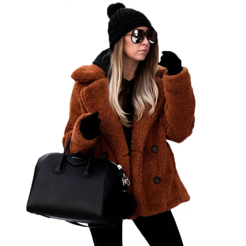 Повседневное женское плюшевое пальто, зимнее флисовое пальто размера плюс, теплая Толстая куртка из искусственного меха, пальто с карманами, плюшевая верхняя одежда, большой размер 4XL 4XL 4XL Размер, 4XL