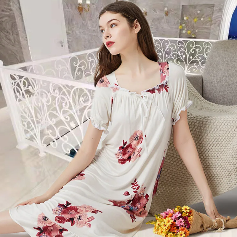 

Vestidos Mujer New Flower Print Modal Long Dress Short Sleeve Cotton Nightdress Large Size Loose Sleepwear Women Nightgowns