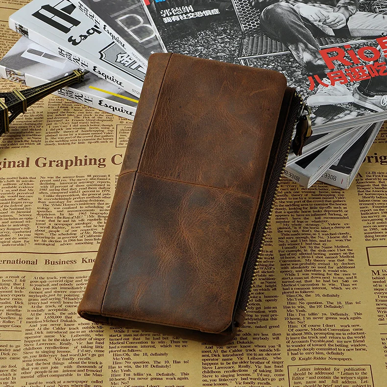 

First Layer Oil Wax Leather Natural Leather Men Retro Card Bit More Large Capacity Carrying Long Wallet 1029