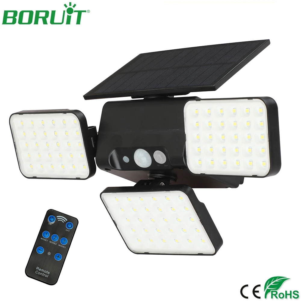 BORUiT 90 LEDs Solar Lamp 3-Head Wall Lamp Solar Powered Sunlight Waterproof FIR Induction Street Light for Garden Outdoor