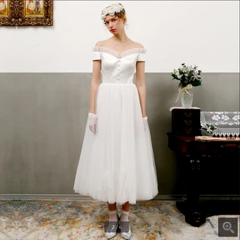 

2020 new arrival vintage short wedding dress off the shoulder v neck petite girls informal reception dresses Vestido De Festa