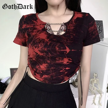 

Goth Dark Gothic Blood Sexy Bodycon Tie Dye Women Summer Crop Top Tee Harajuku Bandage Hollow Out Chain T-shirts For Female 2020