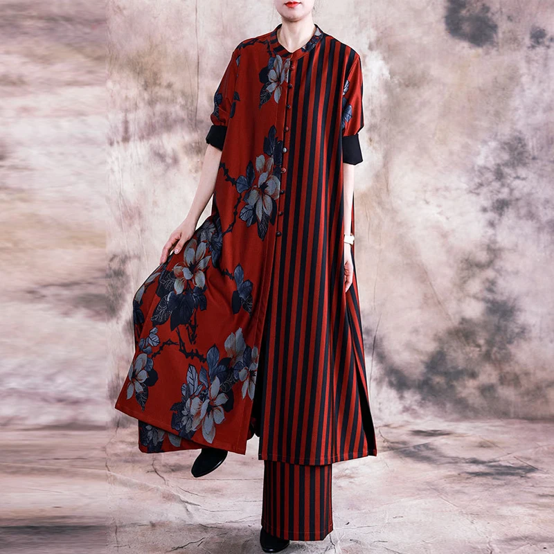 

Johnature Autumn Plus Size Women Fashion Two-piece Suit 2019 New O-neck Floral Print Long Top And Comfortable Wide Leg Pants