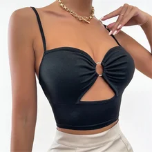 

2022 Summer Women Spaghetti Strap Cropped Top Hollow Out Round Ring Linked Sleeveless Black Solid Color Slim Fit Camisole