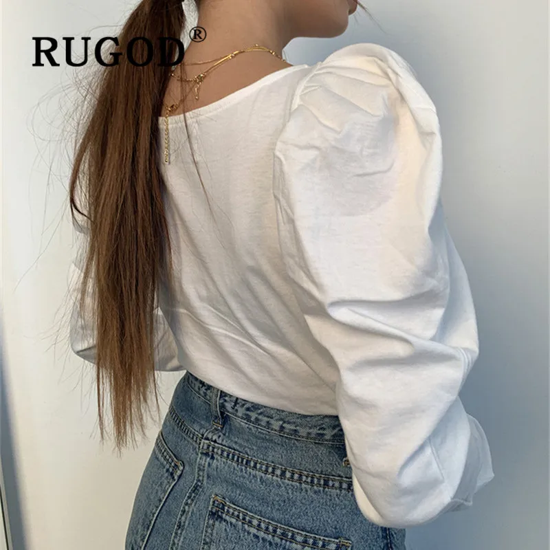 RUGOD, корейский стиль, стиль, шикарный, с пышными рукавами, с сборкой талии, элегантные, с длинным рукавом, одноцветные топы, Kpop одежда, мода