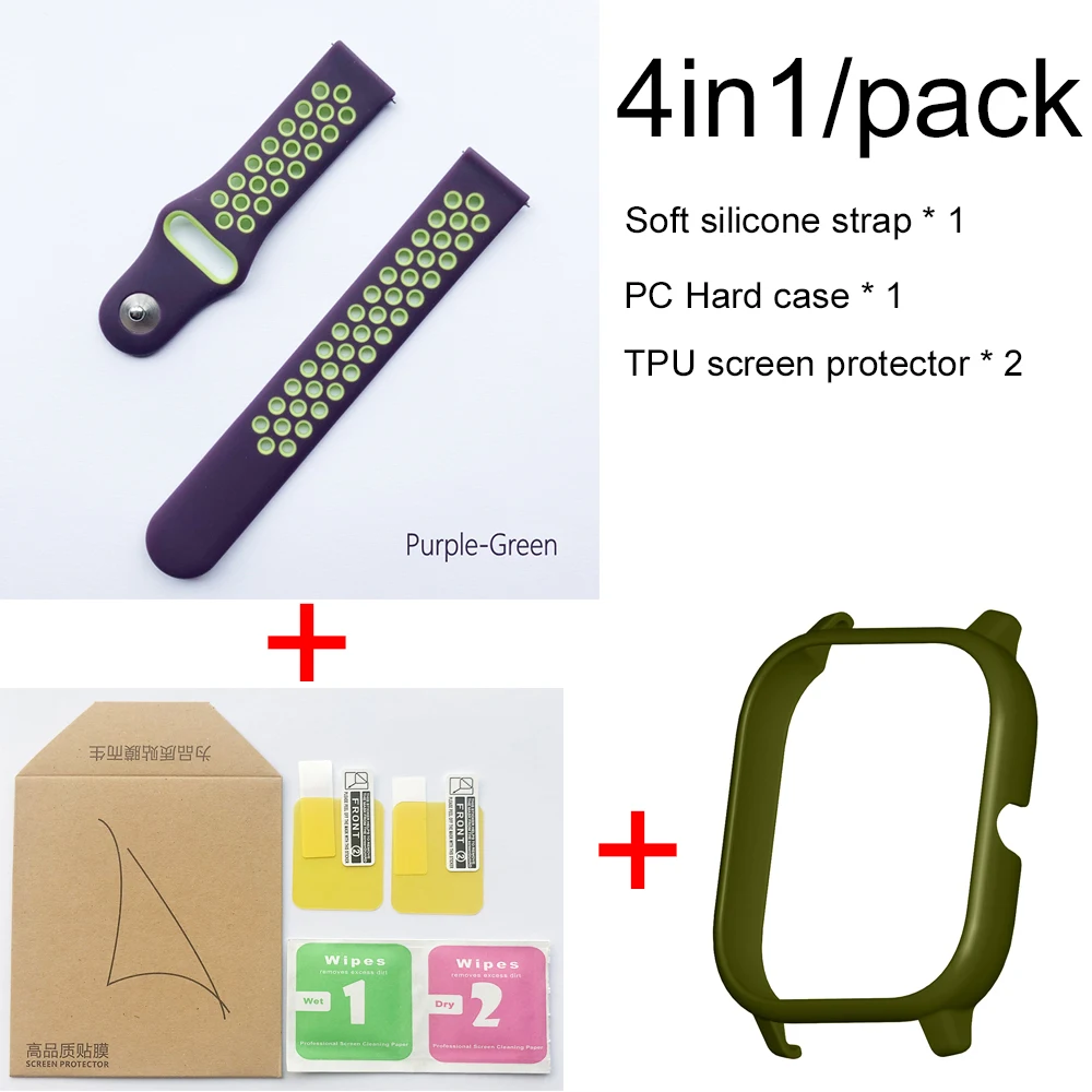 Purple green-green 4в1 для Xiaomi Huami Amazfit GTS спортивный силиконовый ремешок для часов Ремешок Браслет с PC чехол Защита экрана - Color: Purple green-green